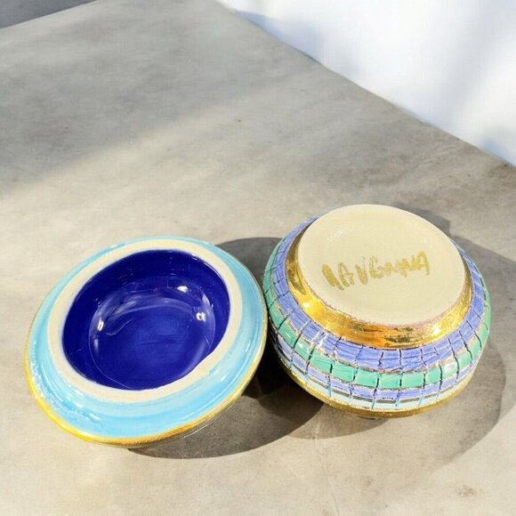Signed Italian Round Hand Painted Trinket Dish W Lid Jewelry Holder Storage VTG - Picture 3 of 12